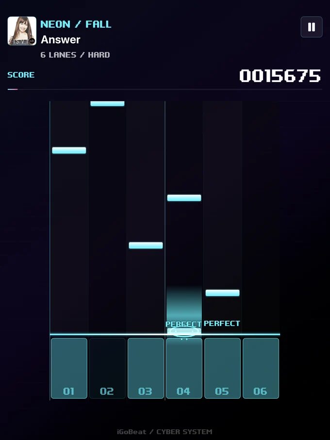 Fall gameplay with colorful notes descending through six lanes