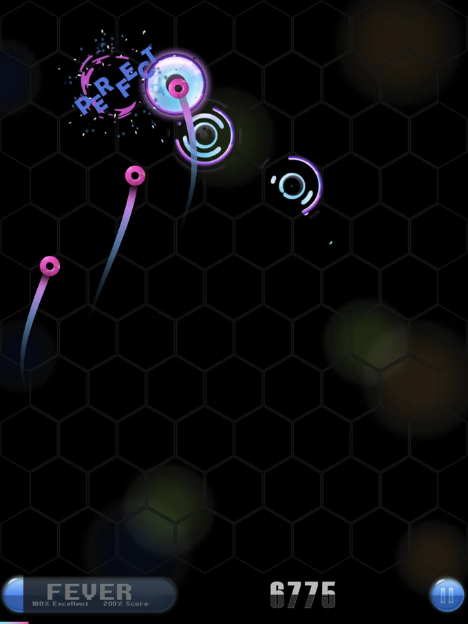 Hex gameplay with notes and glowing trails on a hexagonal grid